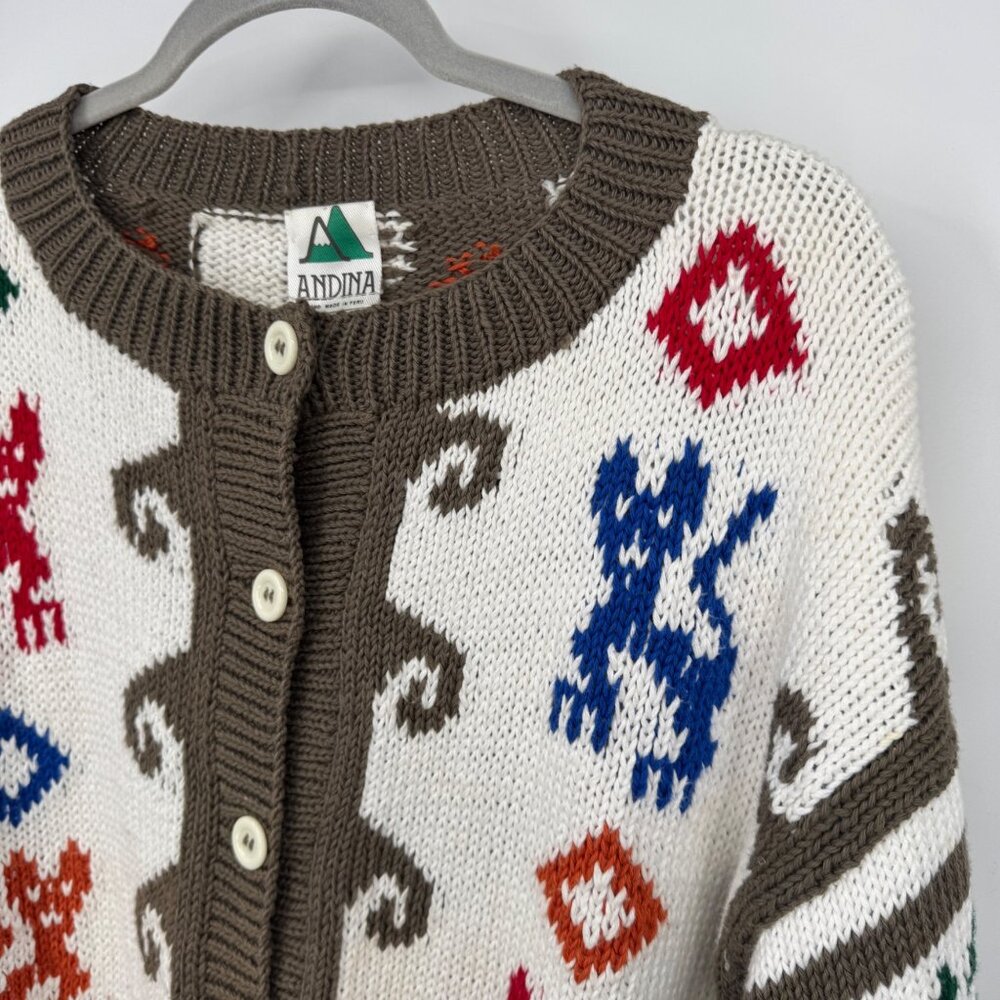 Vintage Andina graphic cardigan sweater  cotton white colorful size small woman’ - Picture 2 of 11